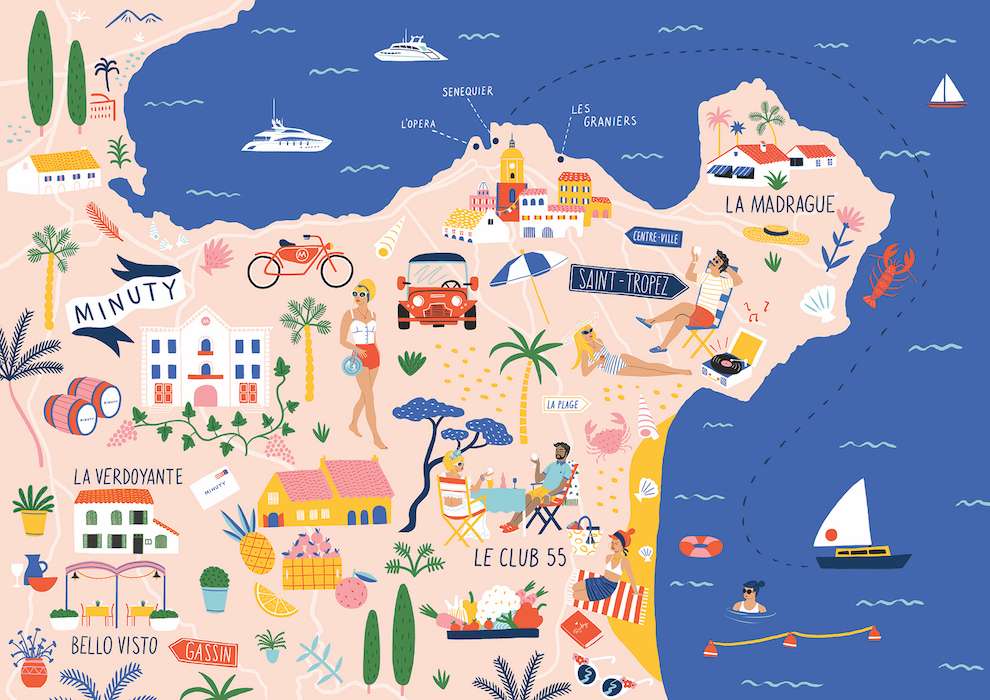 Ruby  Taylor, Bright and colourful detailed hand-drawn map of St Tropez. 